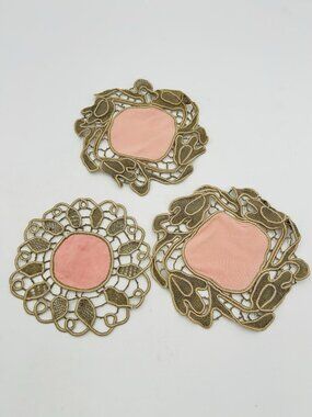 Vintage Lace Doilies Round Crochet Embroidered Beige Pink Coasters Set of 3